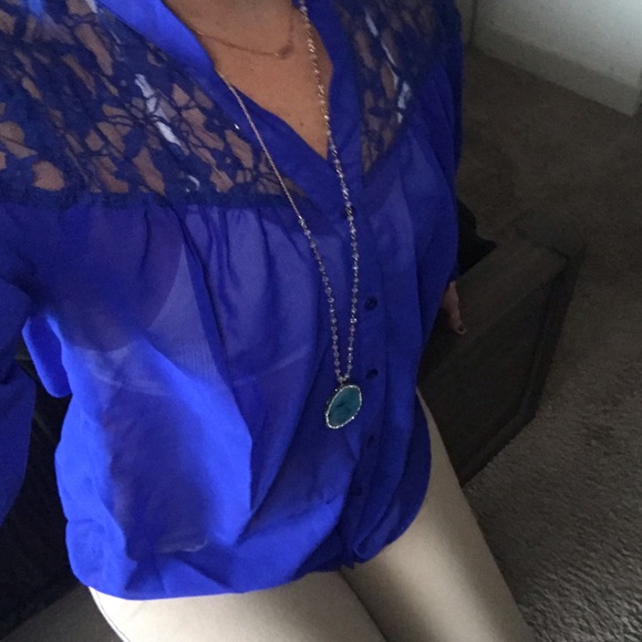 Royal Blue Lace Sheer Top - Picture 3 of 12